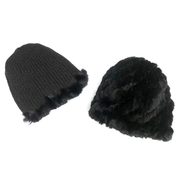 NWT Reversible Knit Beanie Genuine Fur Hat in Solid Black Overstock MSRP $68 - Picture 1 of 7